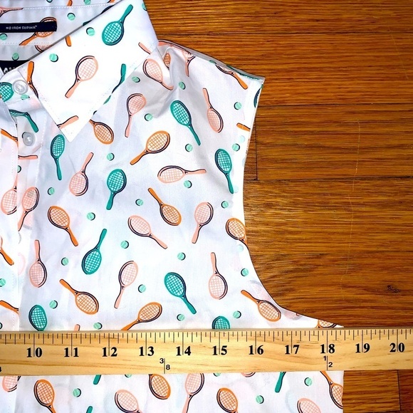 Lands end size 8 no iron supima button down sleeveless blouse tennis rackets - Picture 6 of 10